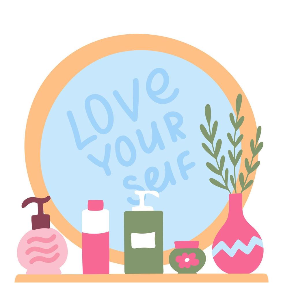 Beauty concept. Love yourself lettering. Round mirror and bathroom shelf with skin care cosmetics. Vector hand drawn illustration