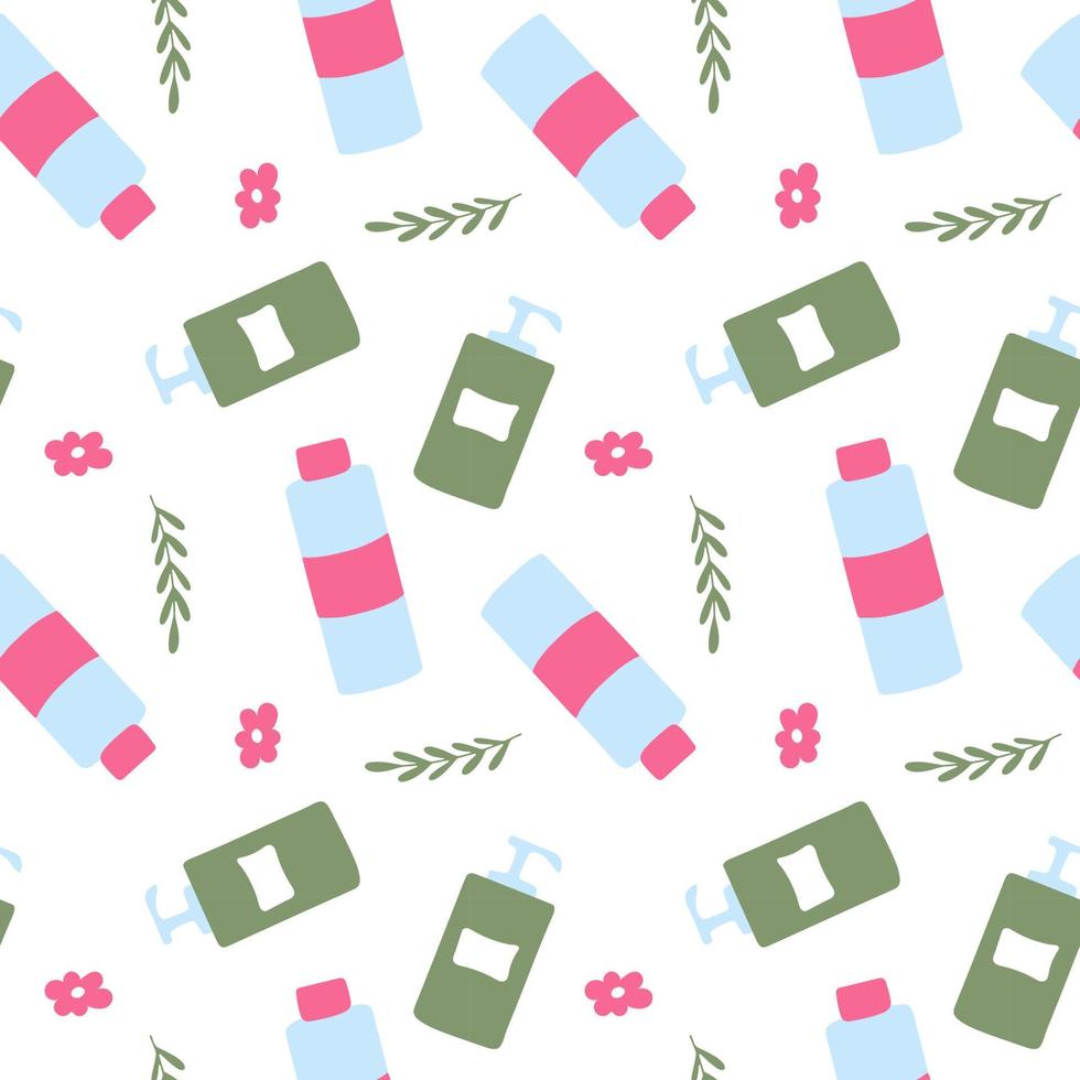 Seamless beauty skincare pattern for cosmetic concepts. Packaging of cosmetics and herbal elements on a white background. Endless vector texture