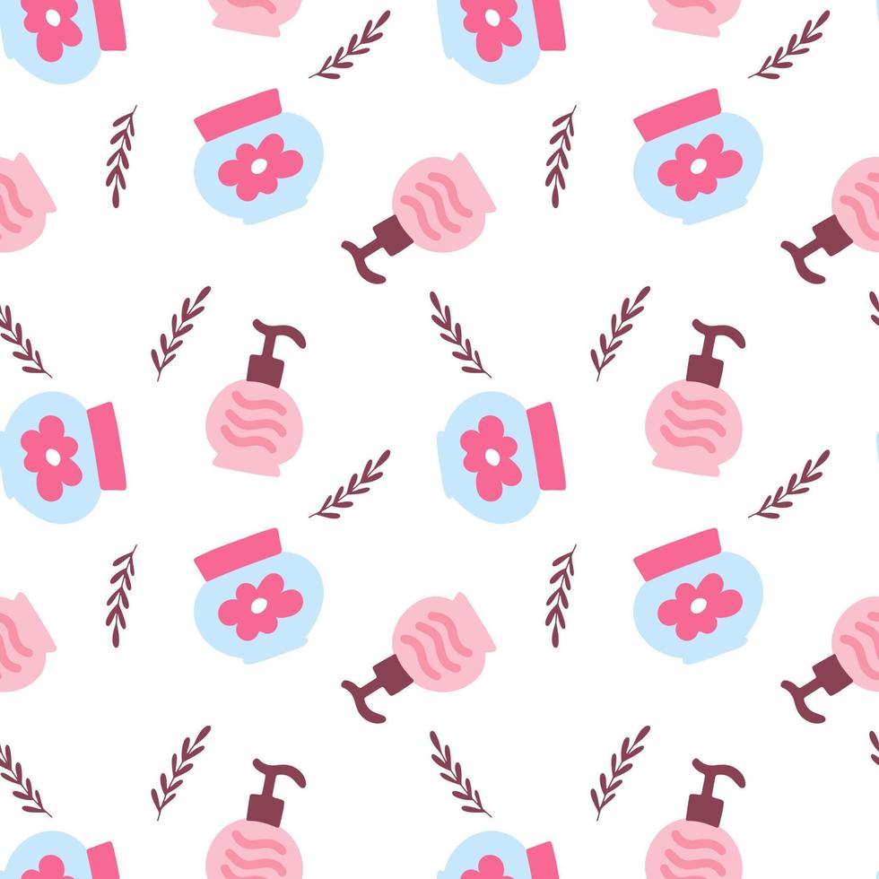 Seamless beauty pattern with handdrawn skincare cosmetic products on a white background. Vector endless texture with jar of cream and wash gel