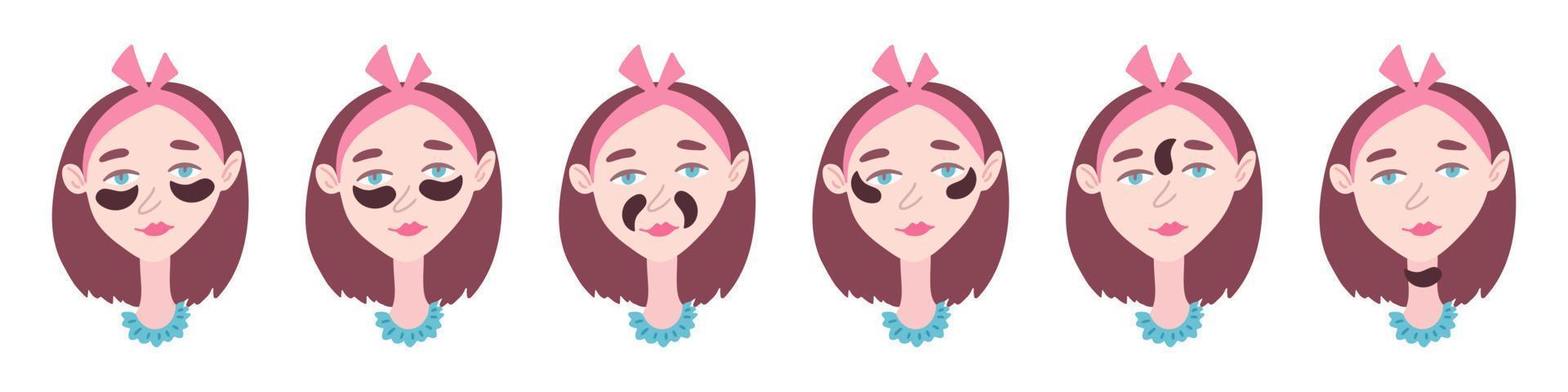 Using cosmetic eye patches. Options for using hydrogel patches. Korean cosmetics beauty concept. Vector illustration with female character, in hand drawn style