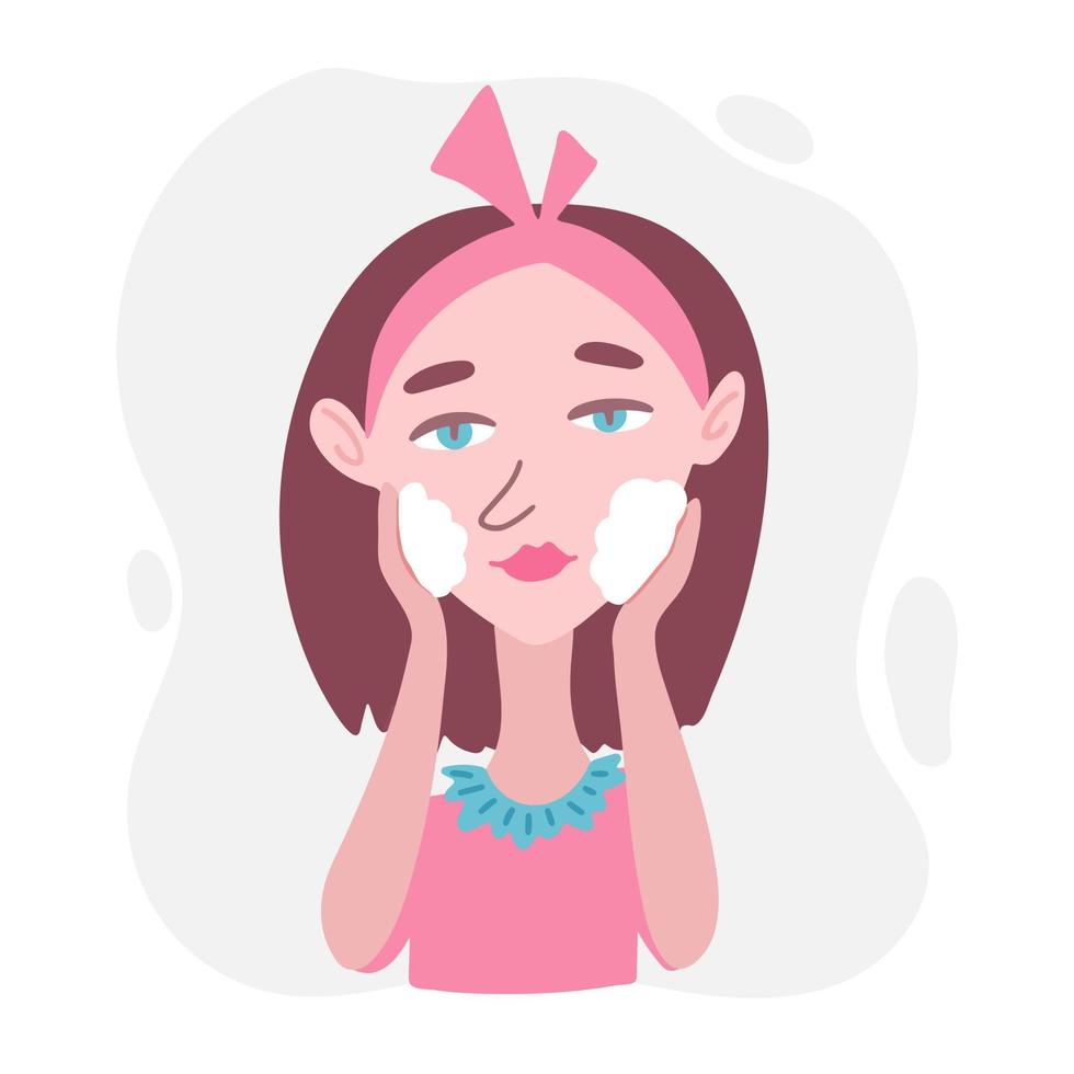 Hand drawn female character washes her face with cosmetic foam. Korean cosmetics beauty skin care concept. Vector cartoon illustration