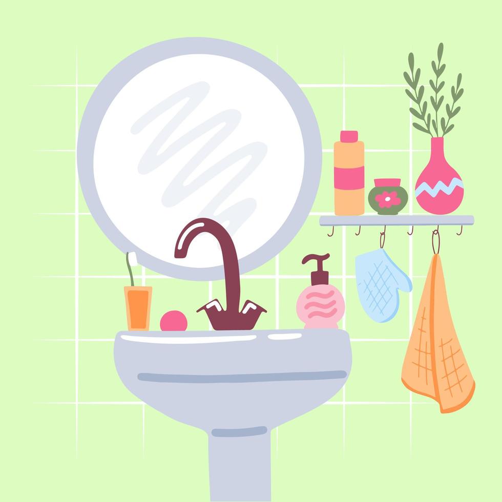 concepto de belleza. Espejo redondo, lavabo y repisa de baño con cosméticos y accesorios para el cuidado de la piel. vector dibujado a mano ilustración