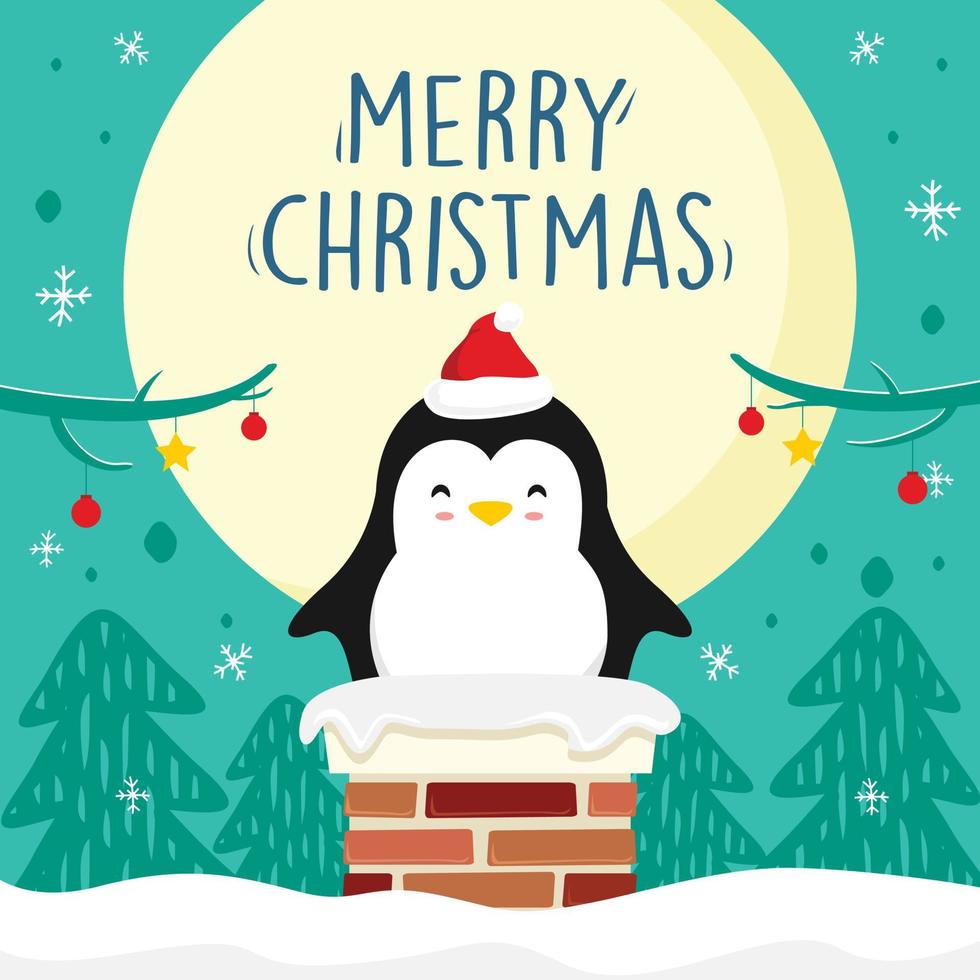 Penguin Cartoon Chimney Merry Christmas Full Moon Xmas Vector Green