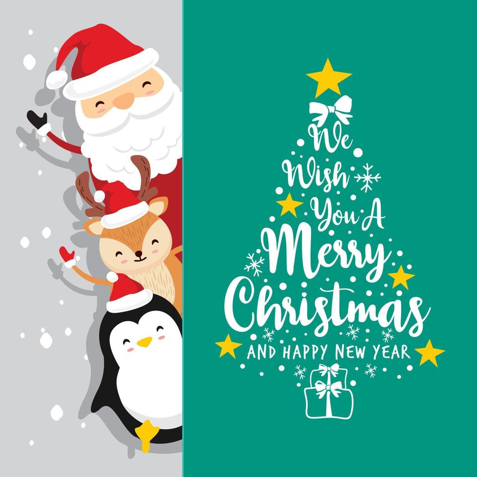 santa claus ciervo pingüino texto feliz navidad y próspero año nuevo - lado verde vector