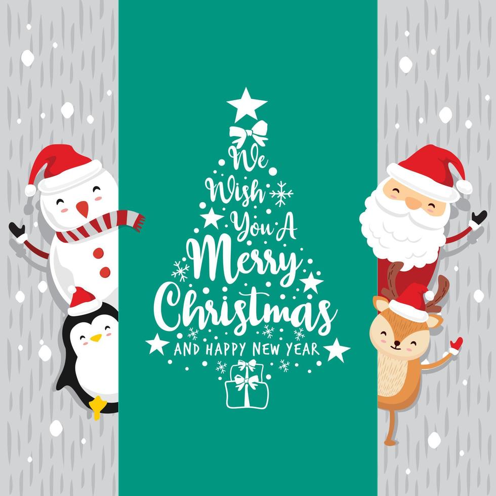 Santa Claus Deer Penguin Text Merry Christmas and Happy New Year - Vintage Green vector