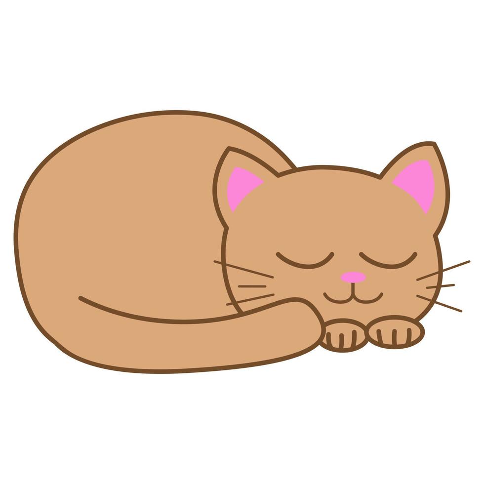 Funny cartoon sleeping cat, cute vector illustration in flat style. Beige cat. Smiling fat kitten. Positive print for sticker, cards, clothes, textile, design and decor