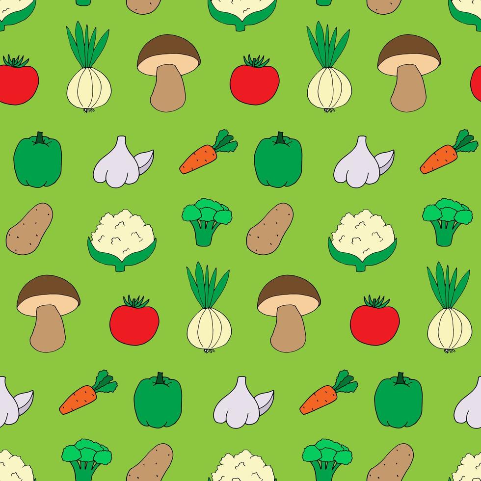 Seamless pattern with doodle style vegetables. Print for wallpaper, wrapping paper, textile background. Hand drawn illustration, good nutrition style. Vegetarian healthy, natural and organic food vector