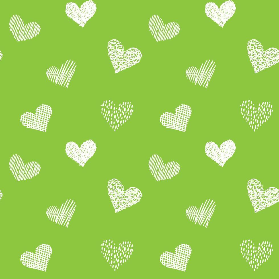 patrón sin fisuras con corazones dibujados a mano en estilo doodle. colores verde y blanco. Fondo de textura de amor y boda de San Valentín. hermoso estampado para textiles, tarjetas, papel de regalo, diseño y decoración vector