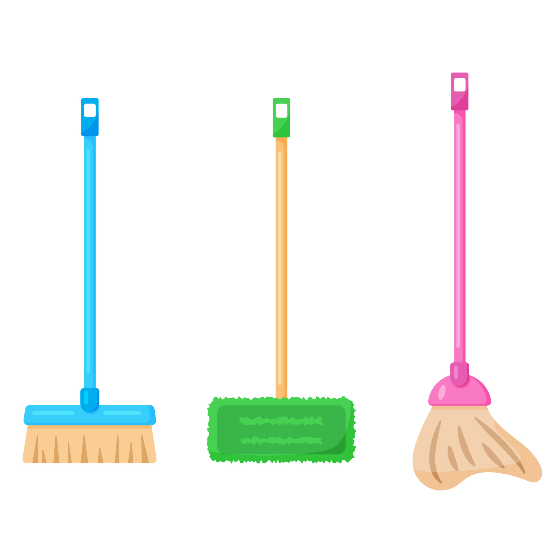 Set of 3 housework mops, home cleaning broom. Hygiene, washing or housework  equipment. Vector illustration in cartoon flat style. Cleaning services  concept, house supplies 4340801 Vector Art at Vecteezy