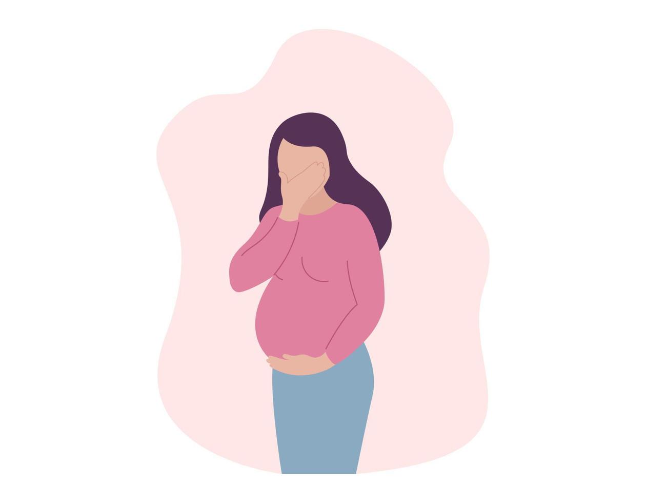 Pregnancy toxicosis. Pregnant woman suffering from nausea and vomiting. Morning sickness. Vector concept illustration