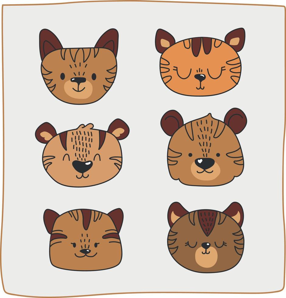 Vector muzzles of tigers, symbol of 2022. Cute faces of animals, tigers. Avatars with big cats