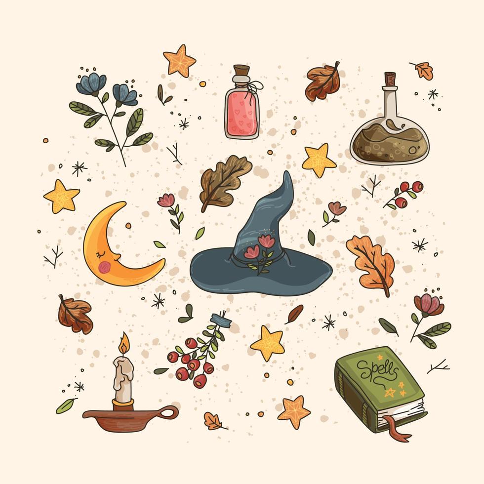 otoño ambientado con los atributos de una bruja. cosas mágicas. pociones de amor, sombrero de bruja, libro de hechizos, luna y estrellas, plantas mágicas vector