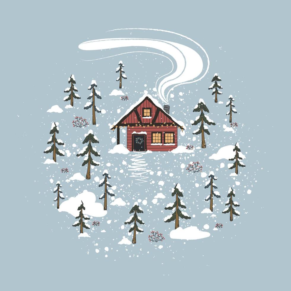 Vector winter illustration with a Scandinavian house and Christmas trees. Illustration for print