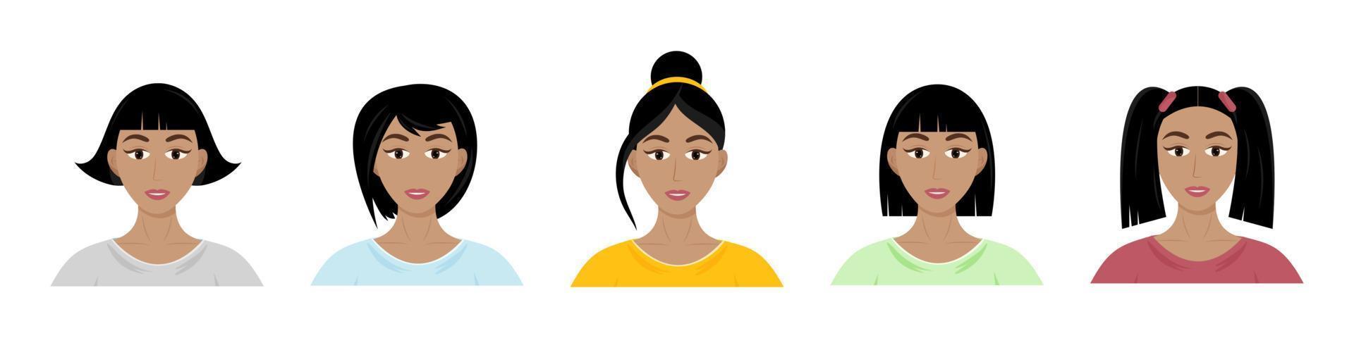 diferentes tipos de peinados de mujeres. conjunto de hermosas jóvenes afroamericanas con diferentes peinados. estilo de dibujos animados de vector