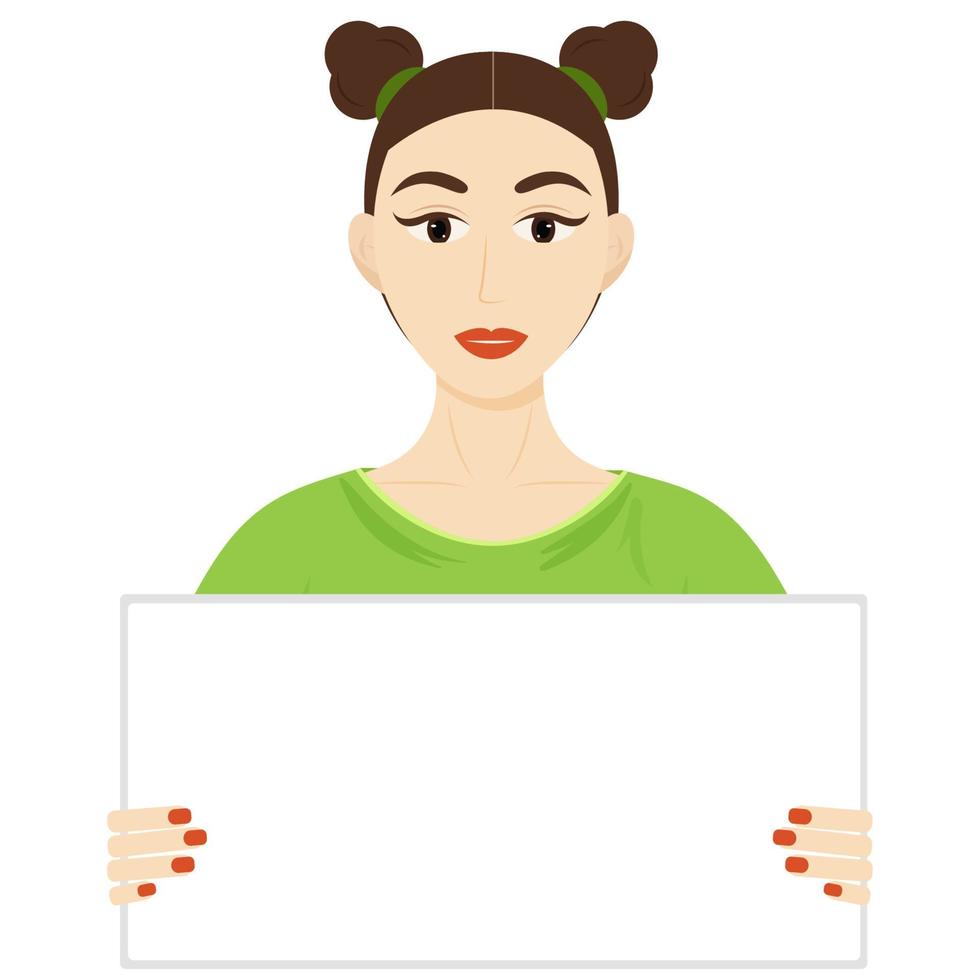 hermosa chica con cartel de texto, plantilla. estilo de dibujos animados de ilustración vectorial vector