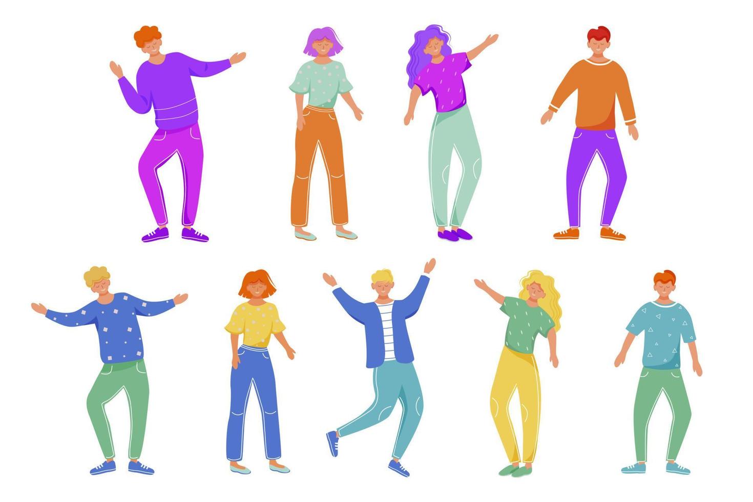 Dancing people flat vector illustrations set. Boys and girls doing morning exercises. Holiday celebration. Happy caucasian men and women have fun on party event isolated cartoon characters