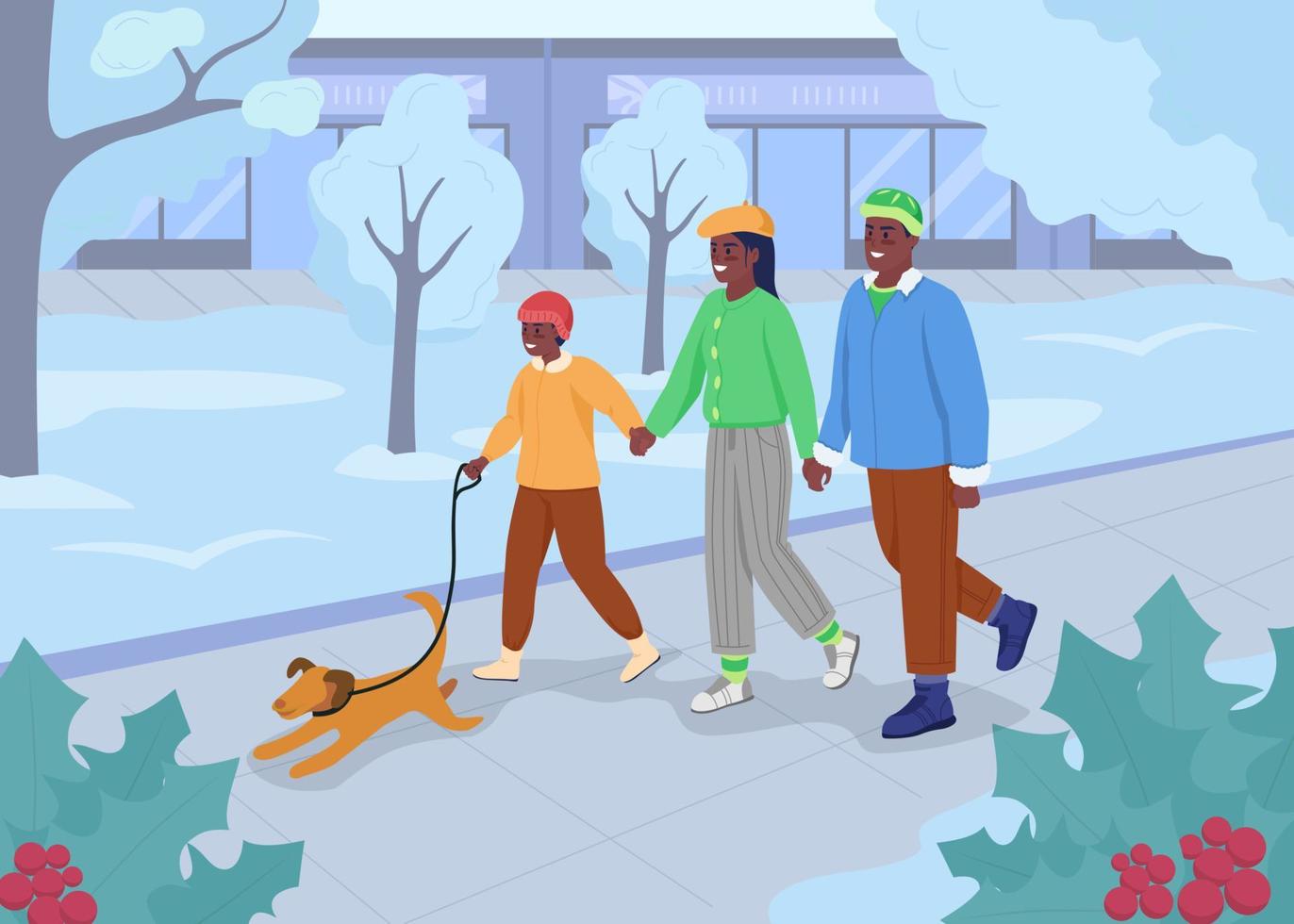 Ilustración de vector de color plano de paseo de invierno. padres que pasan tiempo con el niño y el perro en el parque. temporada festiva. Familia feliz personajes de dibujos animados en 2d con paisaje de invierno en el fondo