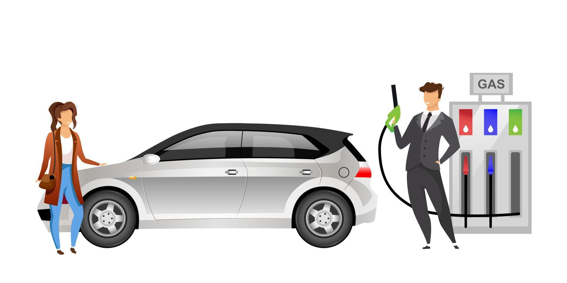 Couple at gas station flat color vector faceless characters. Husband and  wife refueling car with gasoline isolated cartoon illustration for web  graphic design and animation. People at petrol station 4341255 Vector Art