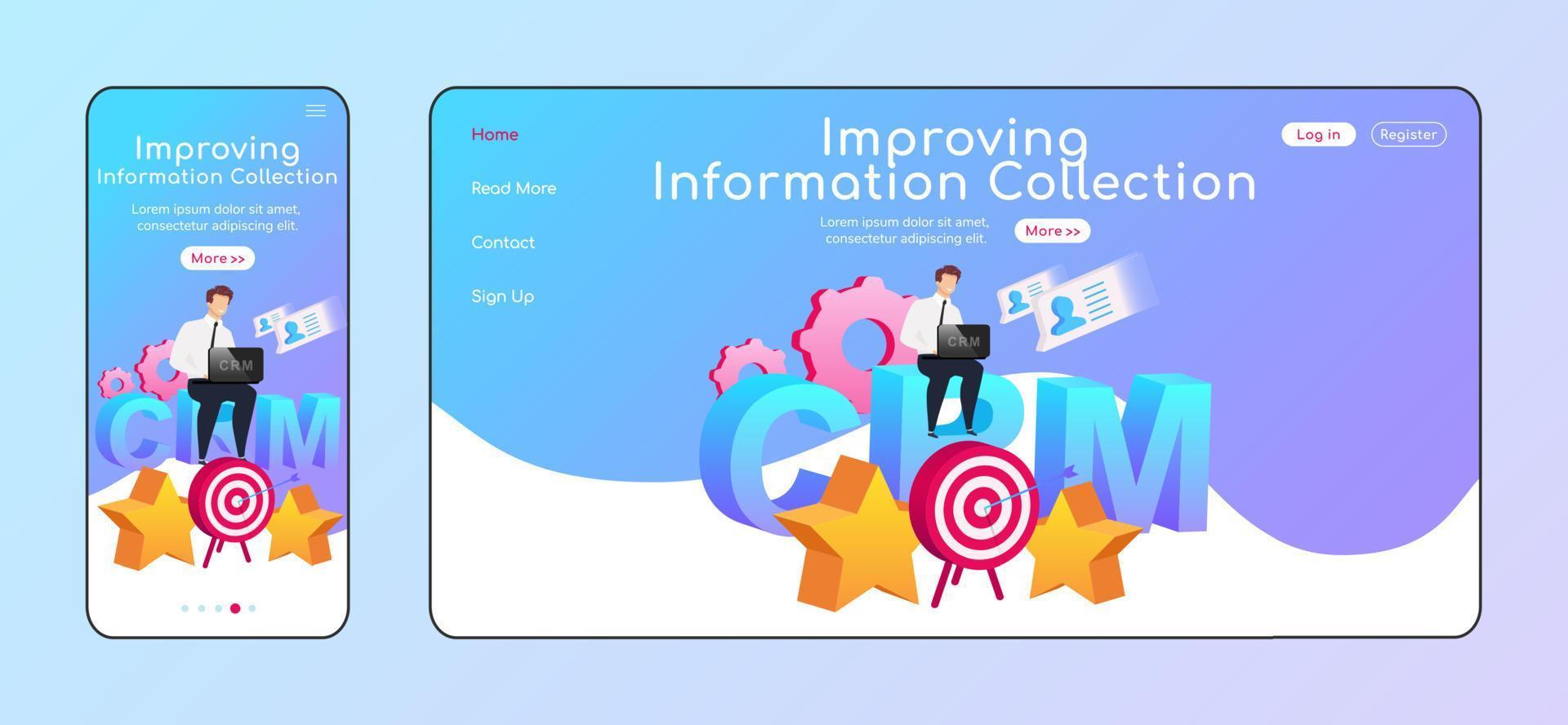 Improving information collection adaptive landing page flat color vector template. Arrow in target mobile, PC homepage layout. Male with laptop one page website UI. CRM webpage cross platform design