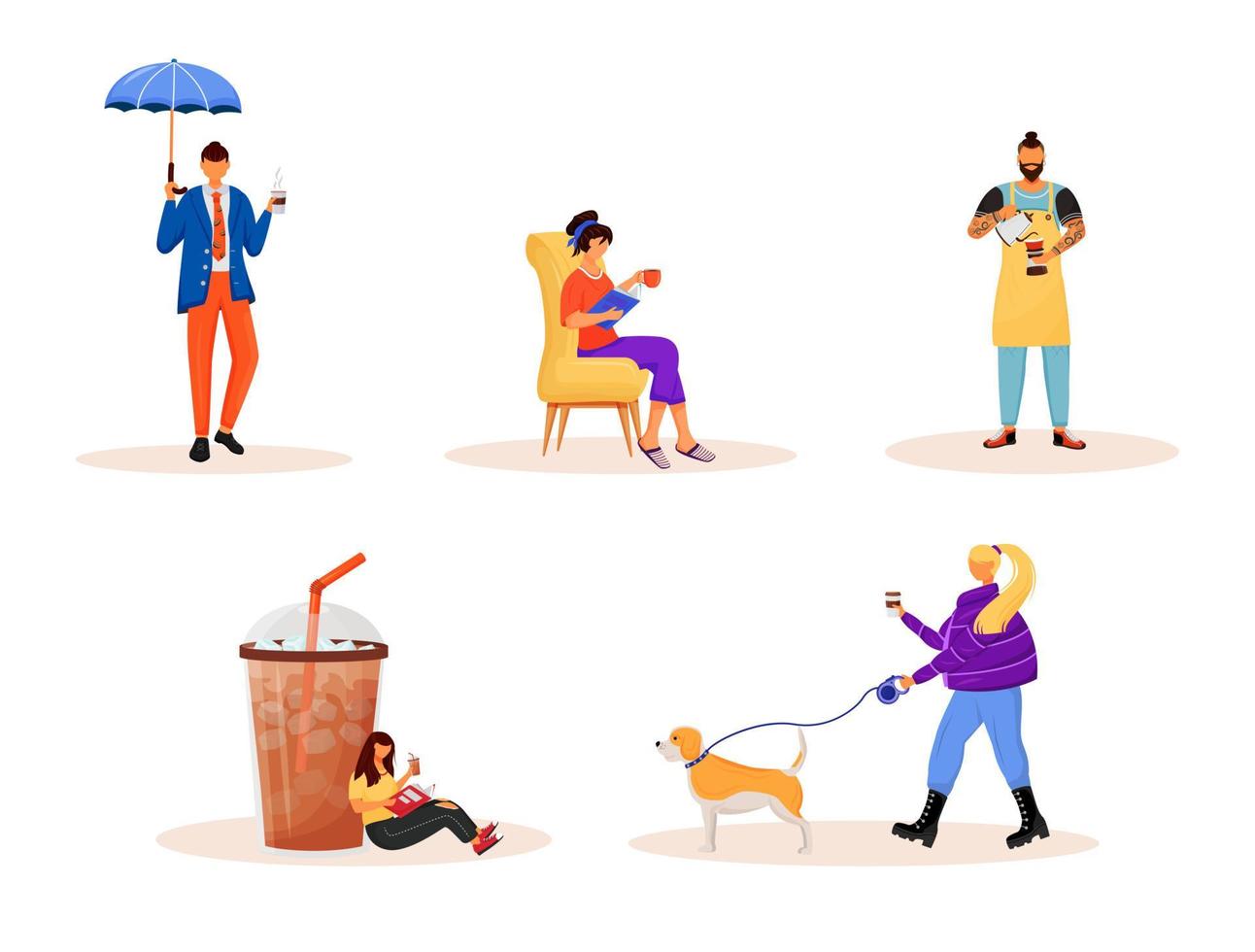 Conjunto de caracteres sin rostro del vector de color plano de la cultura del café. gente caucásica descansando el fin de semana. beber comida para llevar. mujer y hombre, con, bebidas, aislado, caricatura, ilustraciones, blanco, plano de fondo