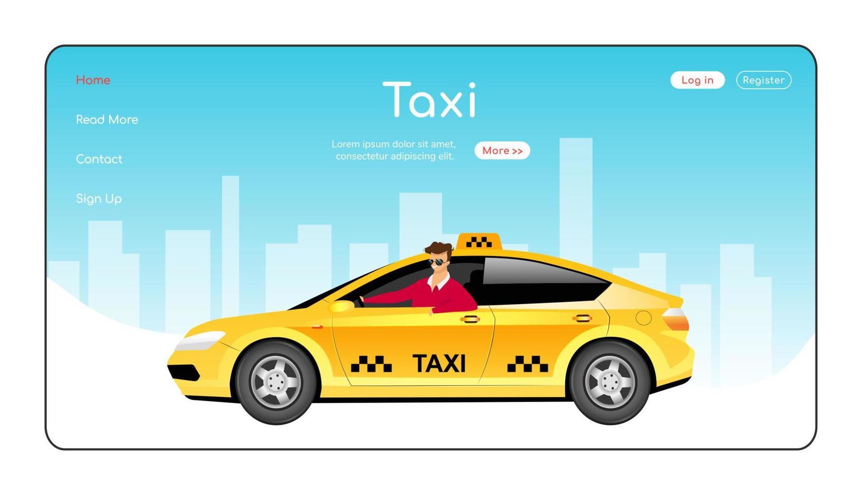 Plantilla de vector de color plano de página de destino de taxi. diseño de la página de inicio del servicio de viajes urbanos. Interfaz de sitio web de una página de entrega de taxi con personaje de dibujos animados. Banner de web de pedido de transporte urgente, página web