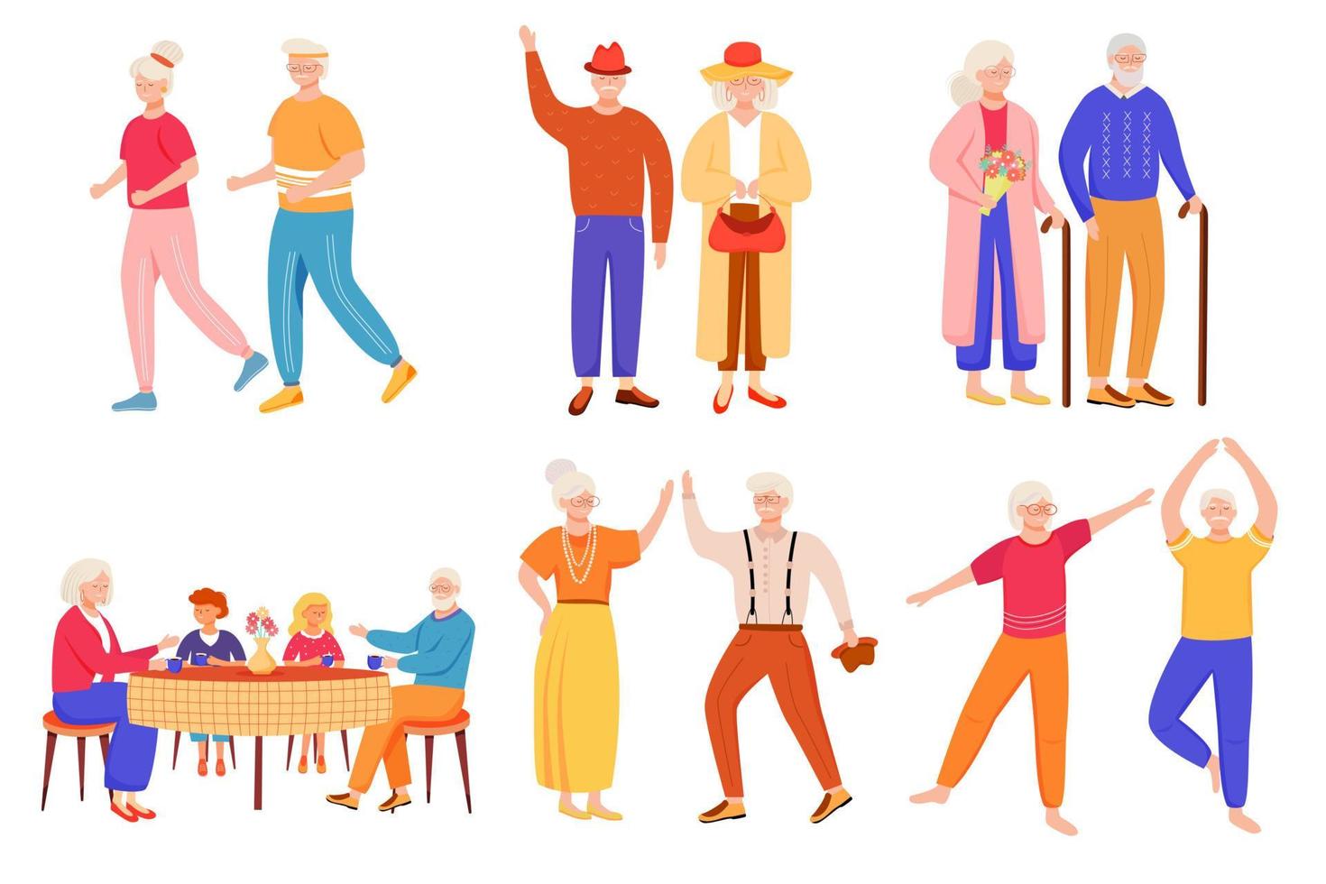 Retired people flat vector illustrations set. Senior age family romantic pastime. Healthy lifestyle. Old couple spends time together. Pensioners isolated cartoon characters