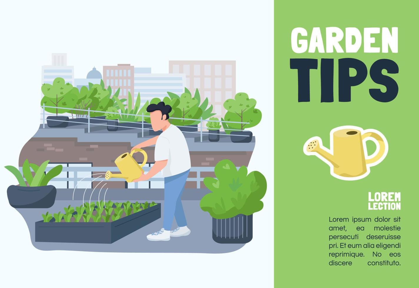 Garden tips banner flat vector template. Brochure, poster concept design with cartoon characters. Plants growing and care, buildings landscaping advices horizontal flyer, leaflet with place for text