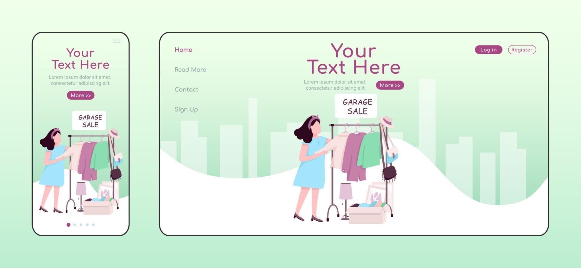 Garage sale adaptive landing page flat color vector template. Flea market mobile and PC homepage layout. Buying second hand clothes one page website UI. Moving sale webpage cross platform design