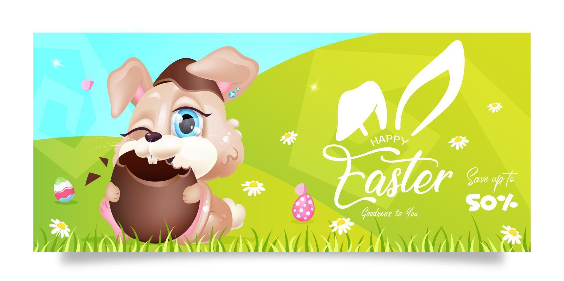 feliz primavera plantilla de vector plano de pascua. diseño de certificado de regalo pascha con conejito comiendo huevo de chocolate personaje de dibujos animados kawaii. postal imprimible pascha, descuentos de vacaciones, cartel horizontal