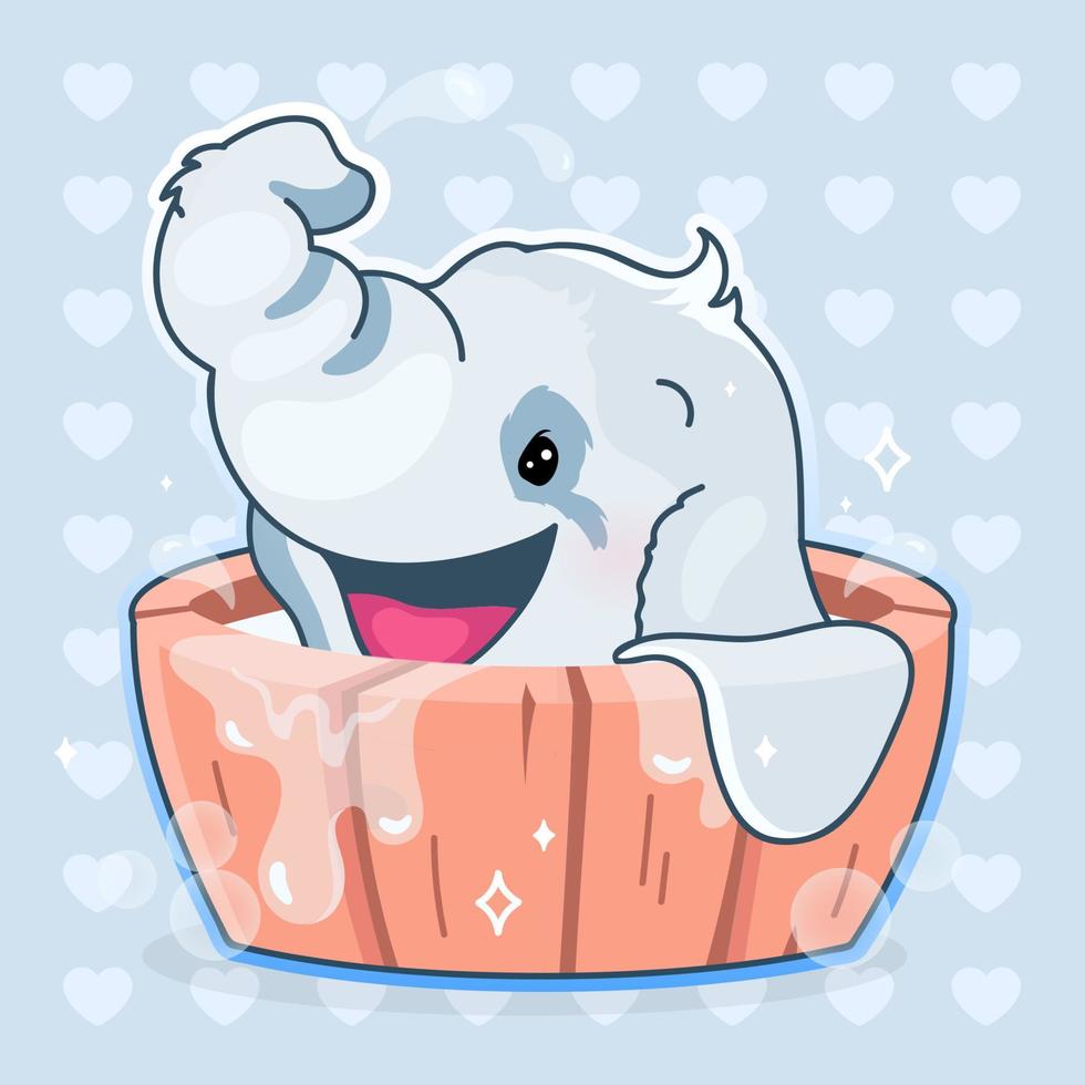 Cute elephant kawaii cartoon vector character. Adorable and funny animal bathing in wooden bathtub isolated sticker, patch. Anime happy baby boy elephant emoji on blue background