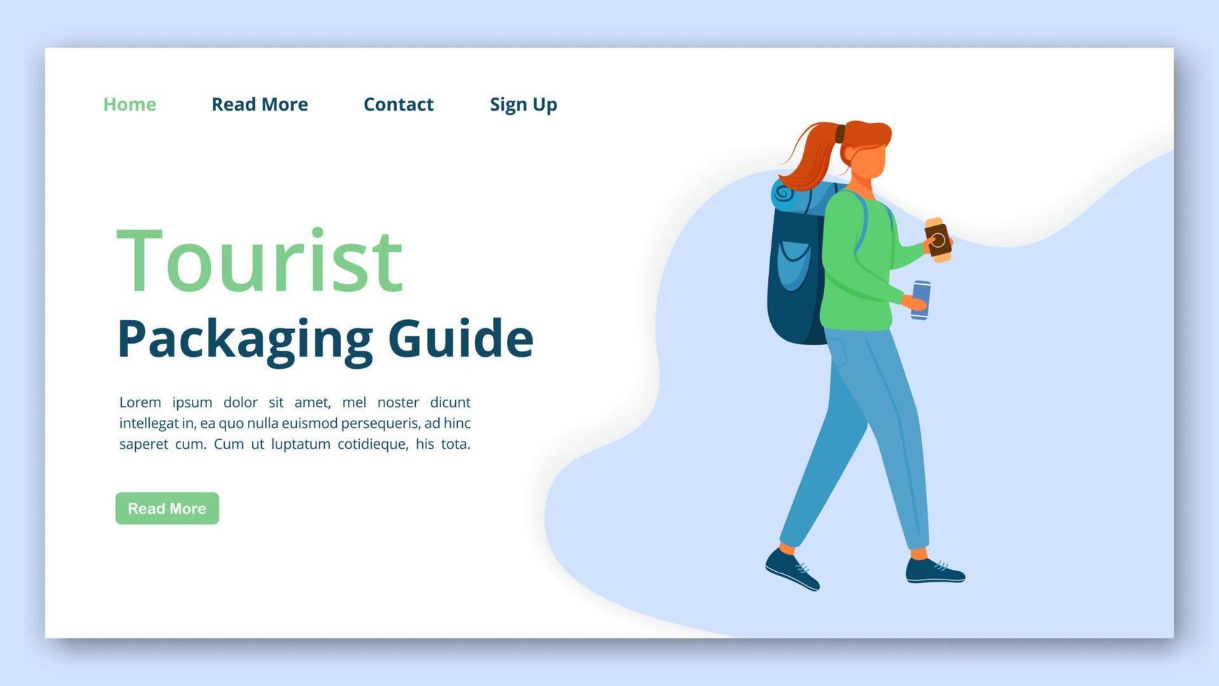 Tourist packing guide landing page vector template. Voyager help website interface idea with flat illustrations. Tour operator homepage layout. Travel checklist web banner, webpage cartoon concept