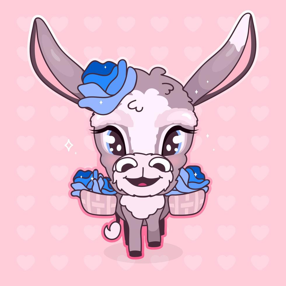 Cute donkey kawaii cartoon vector character. Adorable and funny smiling and happy animal isolated sticker, patch. Anime baby girl mule, burro with blue flowers emoji on pink background