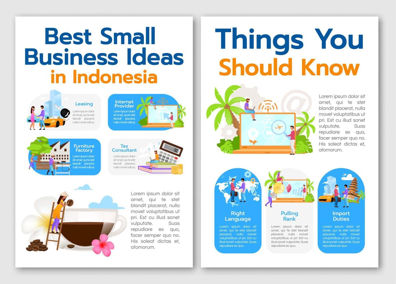 Best small business ideas in Indonesia brochure template. Flyer, booklet, leaflet print, cover design with linear illustrations. Vector page layouts for magazines, annual reports, advertising posters