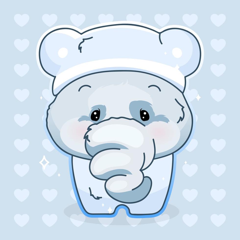 Lindo personaje de vector de dibujos animados de elefante kawaii. animal adorable y divertido en pijama pegatina aislada, parche. anime baby boy elefante con ropa de dormir, camisón emoji sobre fondo azul