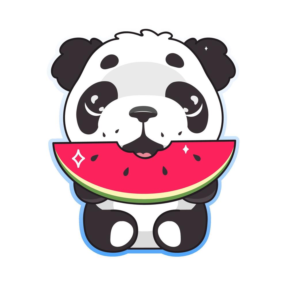 Lindo panda comiendo sandía personaje de vector de dibujos animados kawaii. animal adorable, feliz y divertido disfruta de la etiqueta engomada aislada de la comida del verano, parche. anime, bebé, oso panda, emoji, blanco, plano de fondo