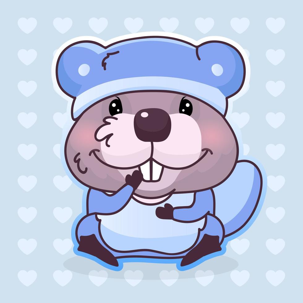 Lindo personaje de vector de dibujos animados de kawaii de castor. animal adorable, feliz y divertido en pijama, camisón adhesivo aislado, parche. animado, bebé, niño, castor, emoji, en, fondo azul