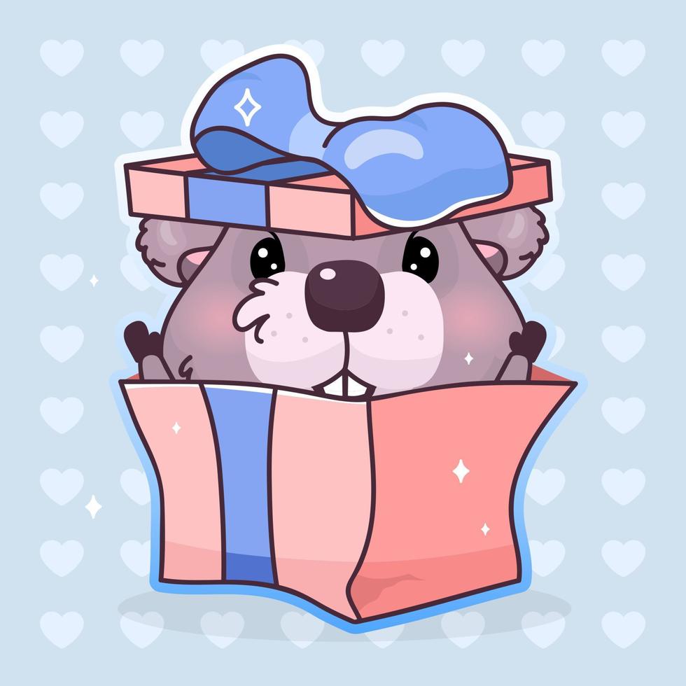 Lindo personaje de vector de dibujos animados de kawaii de castor. animal adorable y divertido en caja de regalo con arco adhesivo aislado, parche. regalo de cumpleaños del castor del bebé del animado, emoji sorpresa en fondo azul