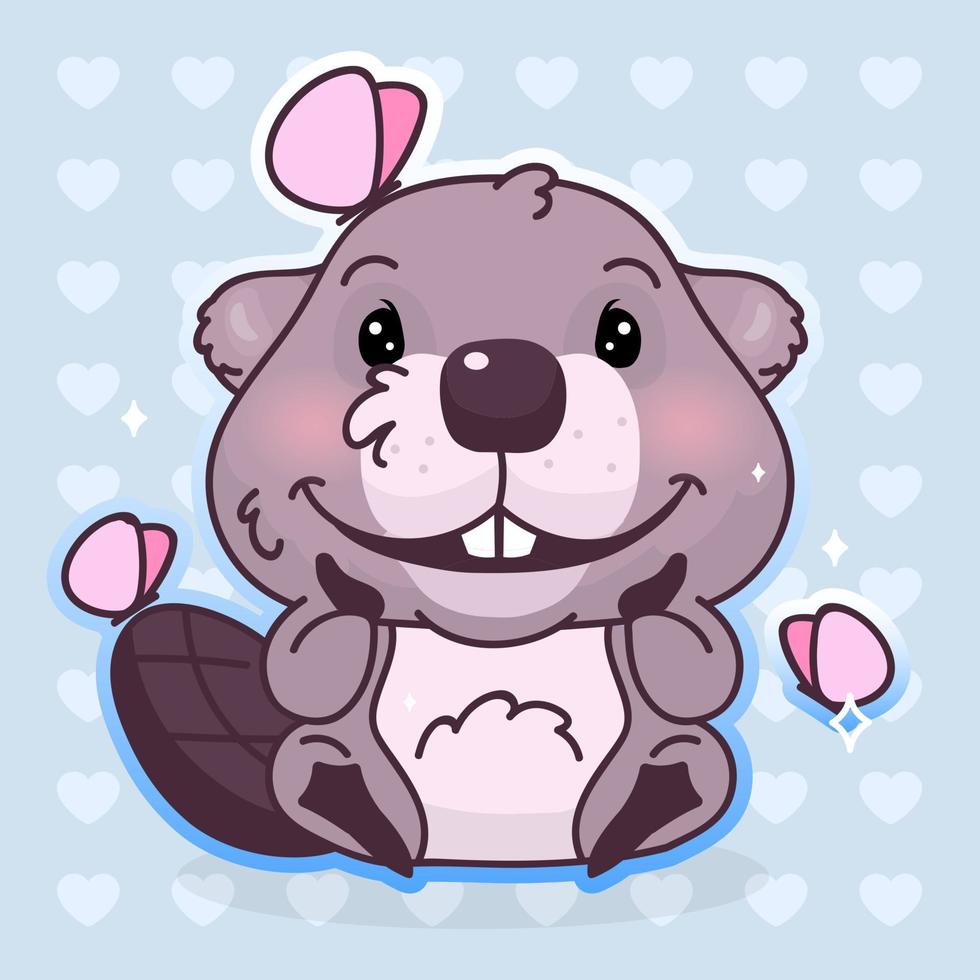 Cute beaver kawaii cartoon vector character. Adorable, happy and funny animal with butterflies isolated sticker, patch, kids book illustration. Anime baby beaver emoji on blue background