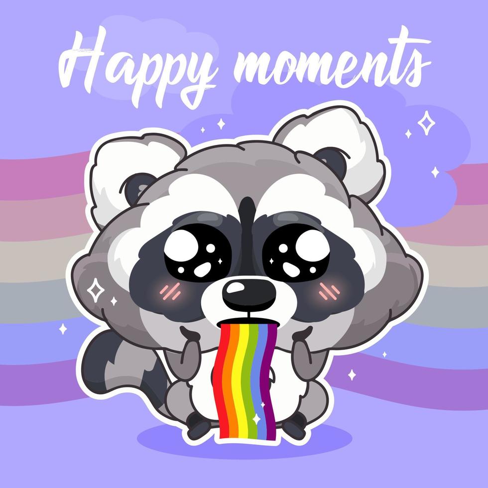 Cute raccoon kawaii character social media post mockup. Happy moment lettering. Positive poster, card template with animal vomiting rainbow. Social media content layout. Print, kids book illustration vector