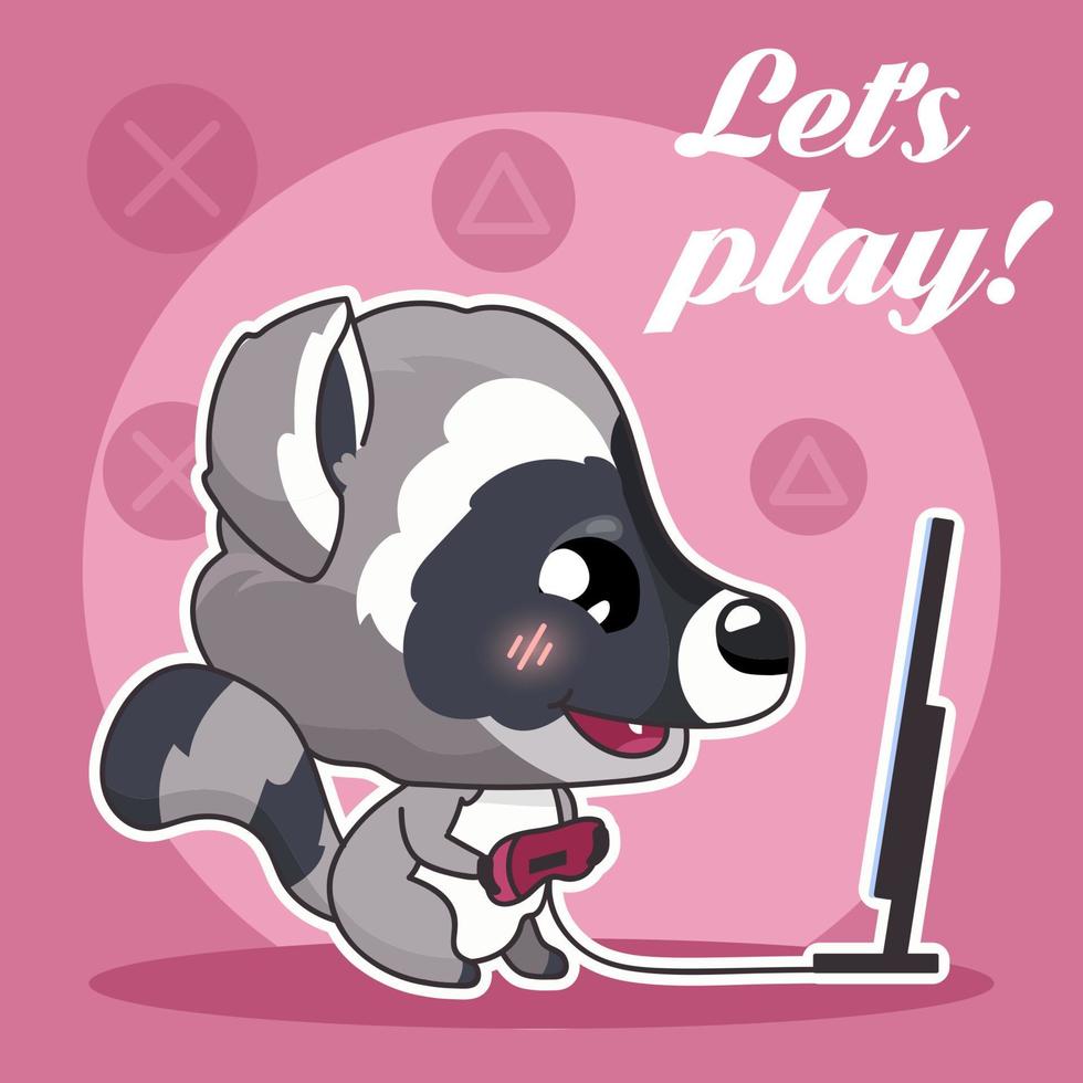 Cute raccoon kawaii character social media post mockup. Lets play lettering. Positive poster, card template with animal playing computer game. Social media content layout. Print, kid book illustration vector