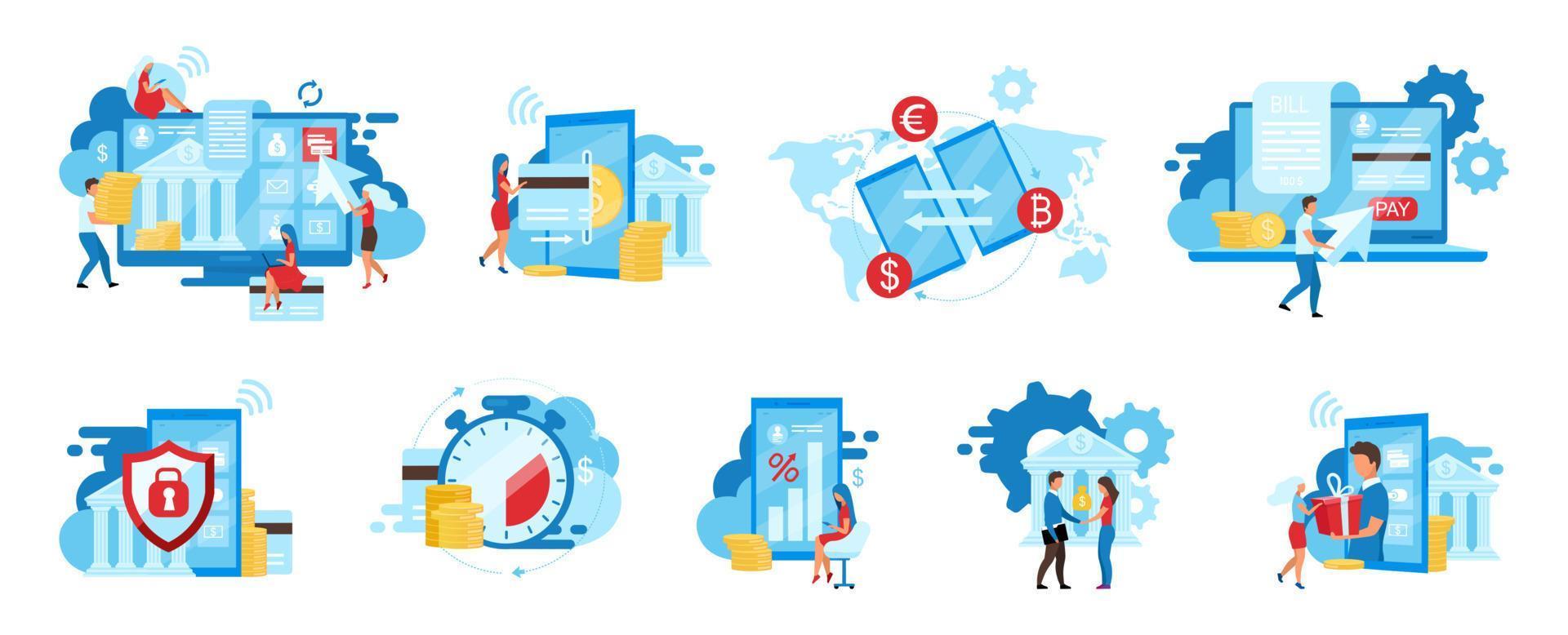 Banking service flat vector illustrations set. E payments app, billing service, safe financial transactions cartoon concepts. Ewallet, money transfer. Instant credit cards payments, deposits metaphors