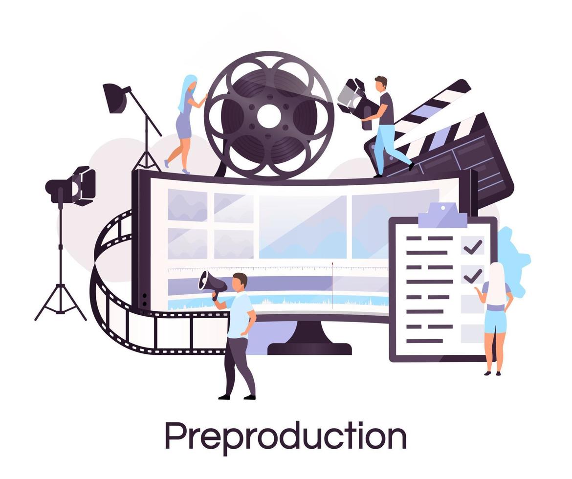 icono de concepto plano de preproducción. pegatina de videografía y realización de películas, clipart. director, productor y camarógrafo. producción de video y películas ilustración de dibujos animados aislados sobre fondo blanco vector