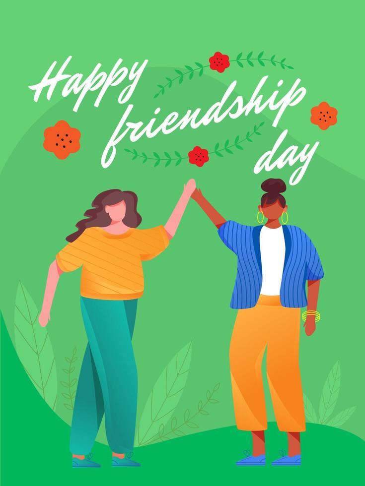 Happy friendship day poster vector template. Multinational friends. Brochure, cover, booklet page concept design, flat illustrations. Social diversity. Advertising flyer, leaflet, banner layout idea