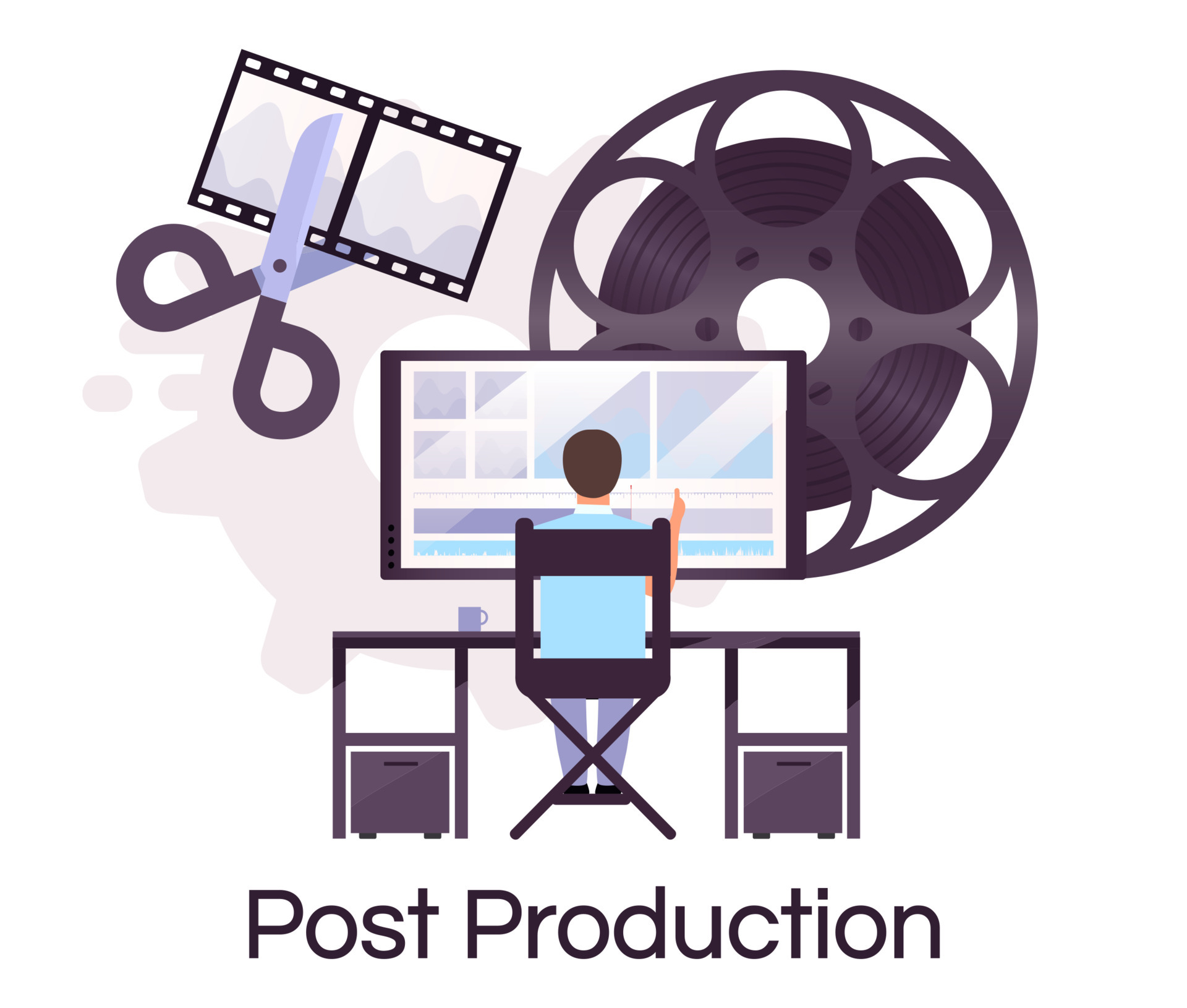 Post production flat concept icon. Videography, multimedia and