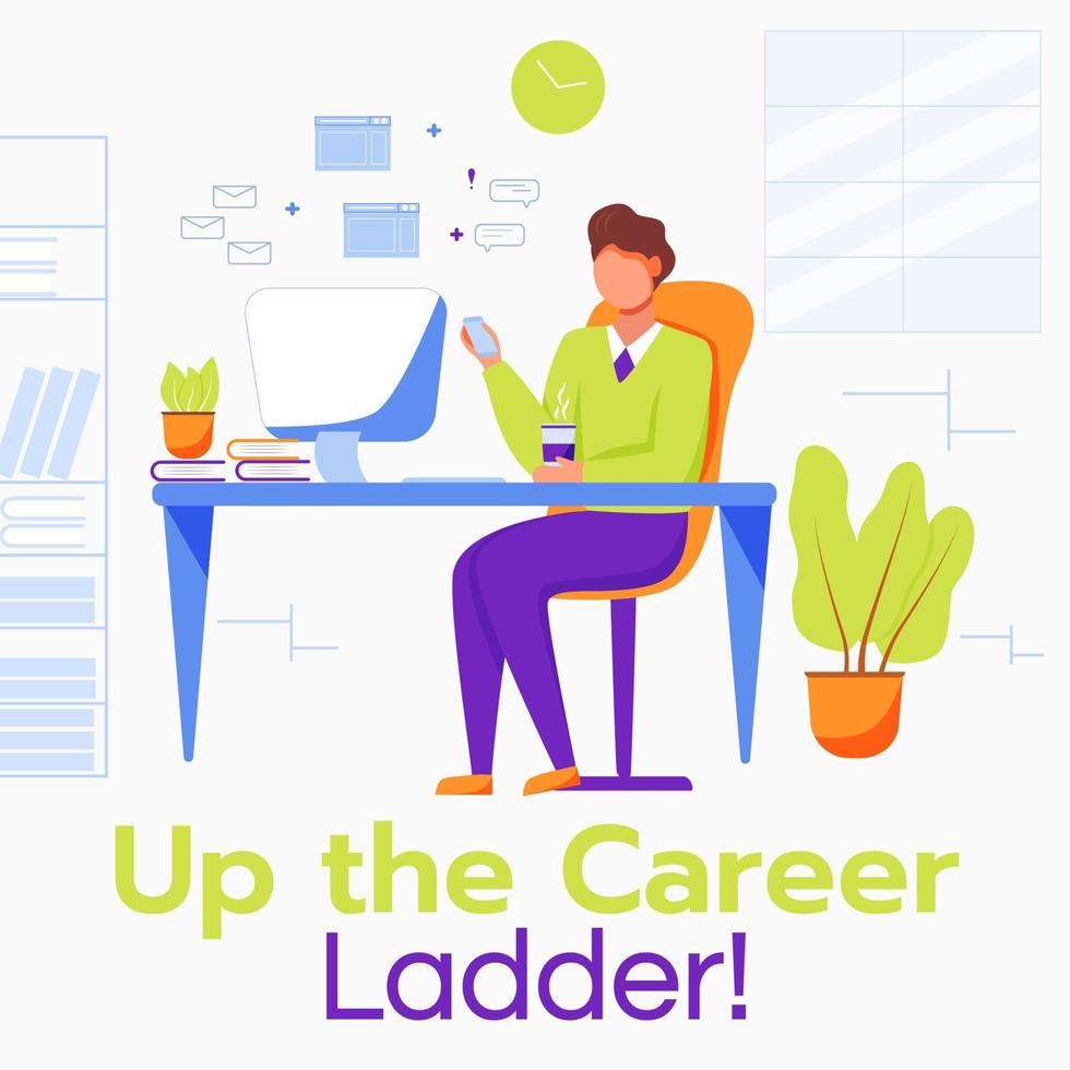 Up the career ladder social media post mockup. Comfortable workplace. Advertising web banner design template. Social media booster, content layout. Promotion poster, print ads with flat illustrations vector