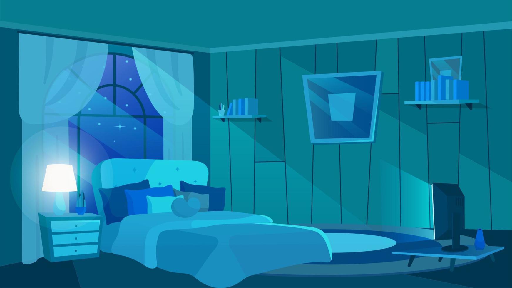 interior del dormitorio en rayos de luz de la luna. cama enorme con cojines y manta de moda. Mesilla de noche con tulipa clásica. televisor moderno que arroja luz suave. gran ventana decorada con cortinas ligeras vector