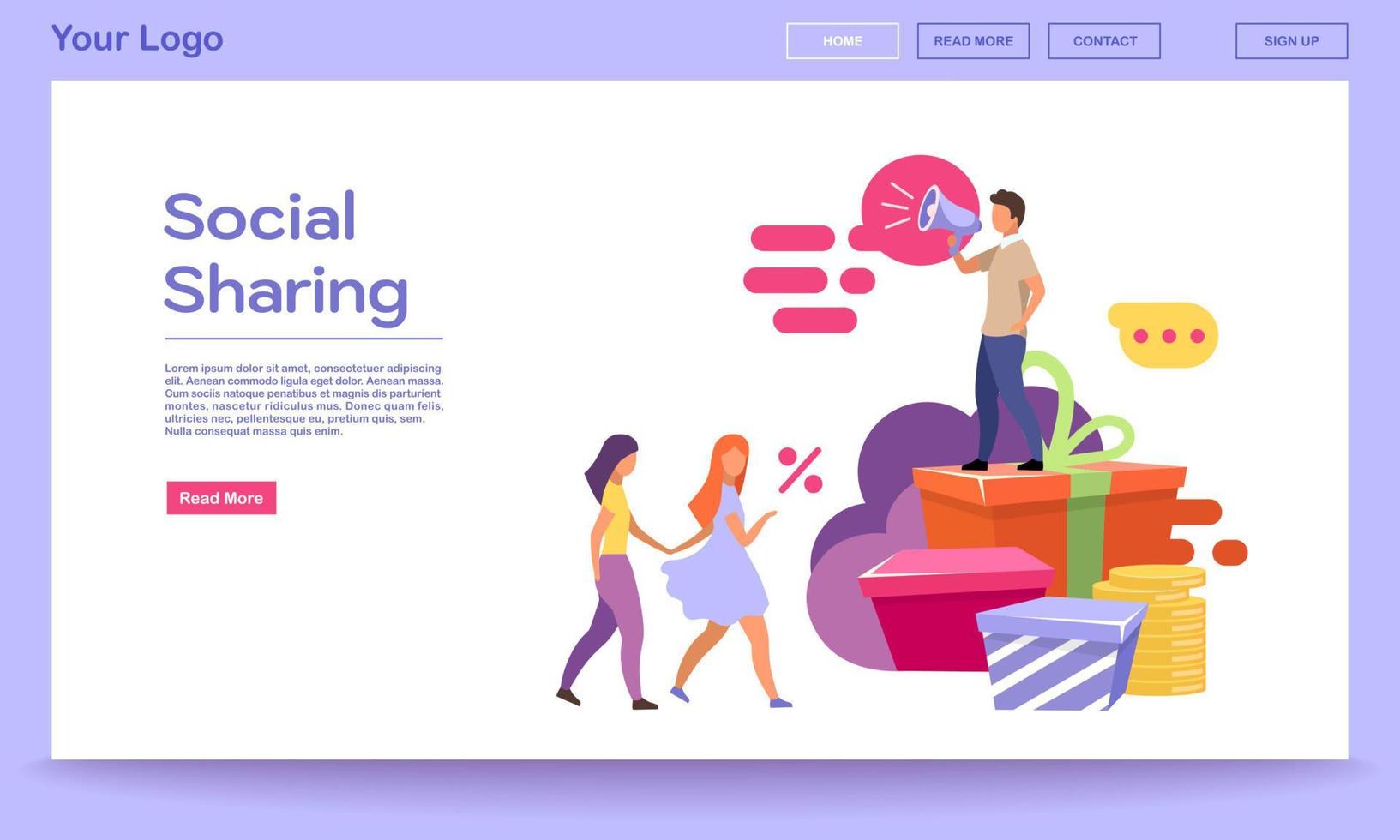 Social sharing landing page vector template. SMM, digital marketing services website interface with flat illustrations. Referral bonuses, rewards. Refer a friend web banner, webpage cartoon layout