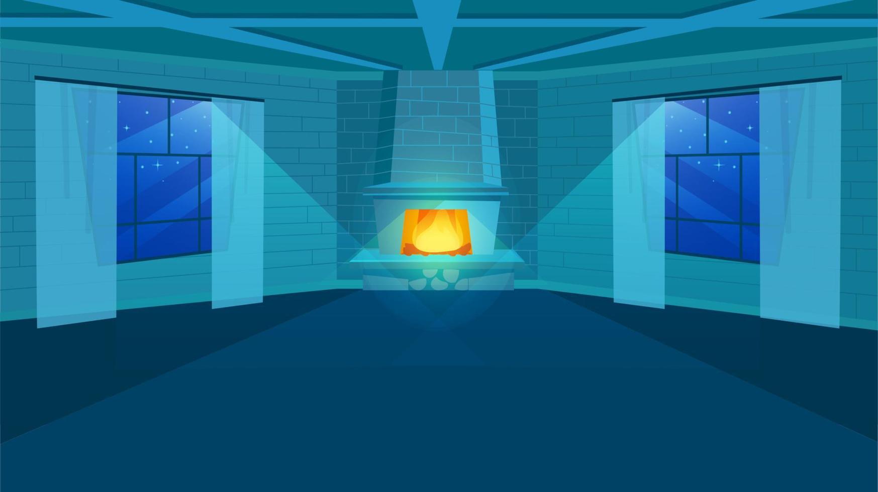 Fireplace in room flat vector illustration. Stylized brick wall in interior design. Empty living room with big windows and curtains. New house, modern architecture concept. Stars in dark blue sky