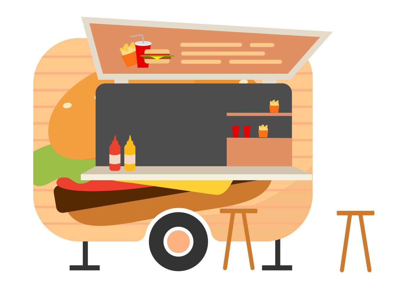 Burger food truck flat vector illustration. Street food wagon. Ready takeaway meal vehicle. Outdoor picnic. Trailer for selling hamburgers. Fast food van isolated on white background