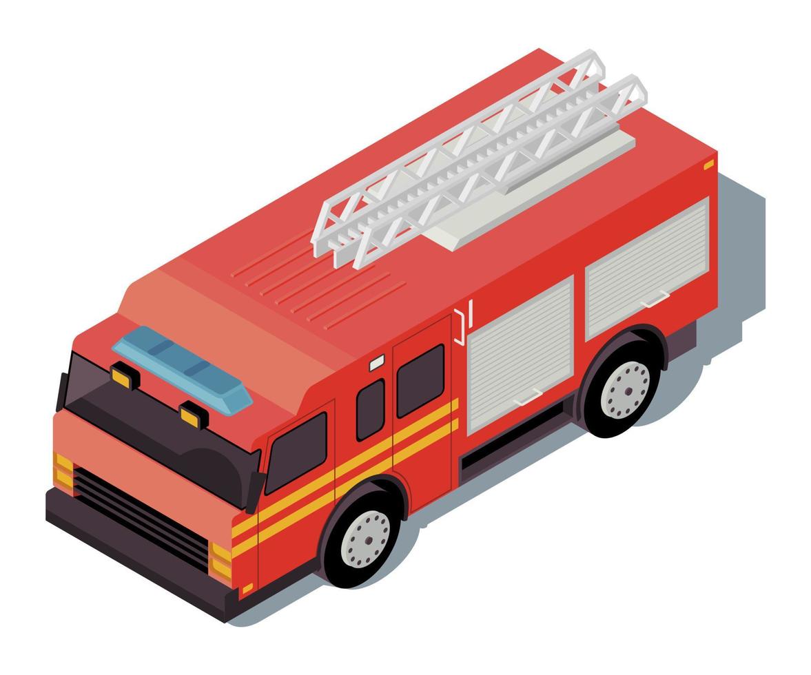 Ilustración de vector de color isométrico de camión de bomberos. infografía de transporte de la ciudad. ayuda de emergencia camión rojo. Vehículo de salvamento contra incendios. transporte urbano. Concepto de automóvil 3d aislado sobre fondo blanco.